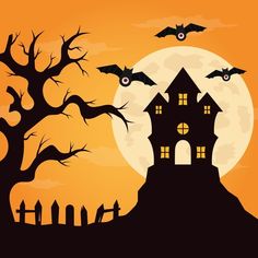 a spooky halloween house with bats flying over it