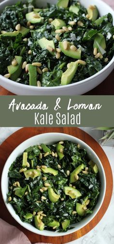 kale salad with avocado and lemon in a white bowl