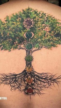 the back of a man's shoulder with a tree and seven chakras on it