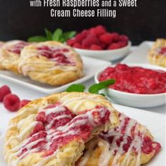 raspberry and sweet cream cheese filling in puff pastry with fresh raspberries