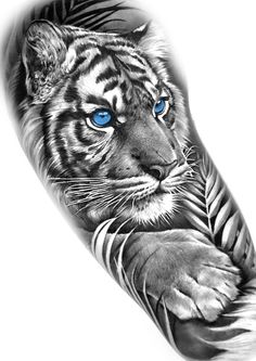 a black and white tiger with blue eyes on the arm, done by an artist