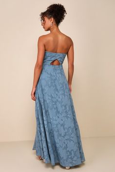 Garden of Romance Dusty Blue Floral Burnout Strapless Maxi Dress Medium Blue Bridesmaid Dress, Blue Floral Floor Length Dress, Dusty Blue Wedding Dresses, Dusty Blue Maxi Dress, Dusty Blue Wedding Guest Dress, Blue Floral Bridesmaid Dress, Mismatched Blue Bridesmaids, Blue Long Dress Formal, Dusty Blue Bridesmaid Dresses Mismatched