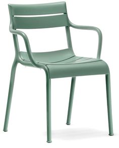 a green plastic chair sitting on top of a white floor next to a metal frame