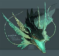 a green and black dragon with long horns