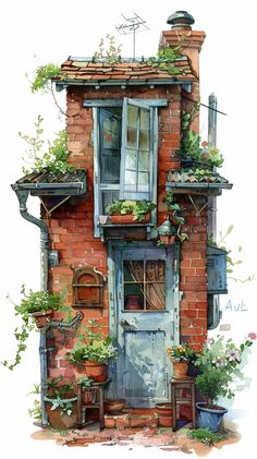 a watercolor painting of an old brick house with plants growing on the windowsill