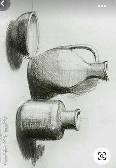 a pencil drawing of two vases with one being opened and the other is empty