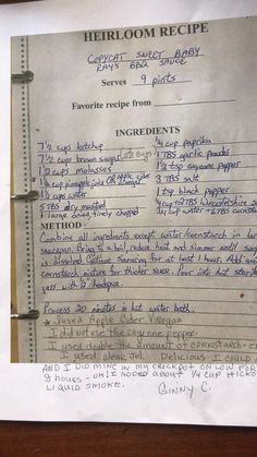 a recipe book with writing on it