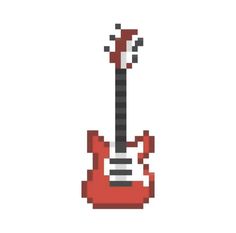 an image of a red guitar pixelated in the style of 8 bit video game art