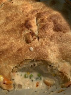 a chicken pot pie is cut in half