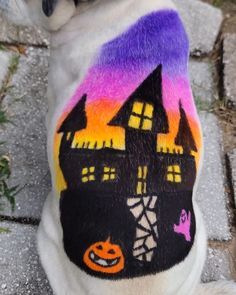 a white dog wearing a halloween sweater on it's back