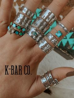 K-Bar Co. Designed Non-Tarnish & Adjustable Genuine Turquoise Made Of Aluminum Western Rings Set, Wrstern Rings, Collectible Western Style Turquoise Ring Stamped 925, Stamped Rings Western, Western Metal Stamped Rings, Punchy Nails, Country Girl Jewelry, Cowgirl Ring, Farm Jewelry