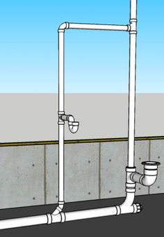 a drawing of a water supply system with pipes and valves on the side of a concrete wall