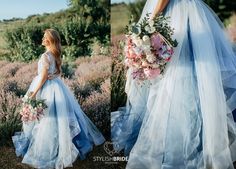 two pictures of a woman in a blue wedding dress