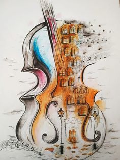 a drawing of a violin with buildings in the background