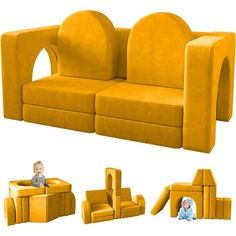 a child's play set made out of cardboard blocks, including a couch and chair