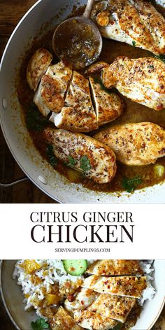 two pictures of chicken and rice in a skillet with the words citrus ginger chicken