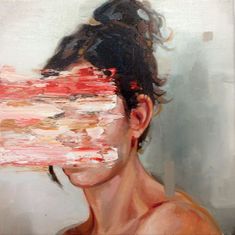 a painting of a woman's face with her hair pulled back and painted red