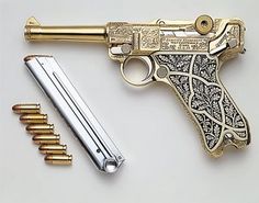 gold Luger.. I have to remind myself; "if you can't afford to shoot it, you can't afford to own it." Pew Pew, Tactical Gear, Self Defense, Arsenal, Defense, Shells, Silver, Gold, Quick Saves