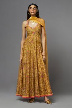 Yellow silk anarkali with floral and thread embroidery. Comes with a dupatta. - Aza Fashions Long Kali Dress Indian, Deep Neck Kurta Designs, Sleeveless Anarkali Kurti, Yellow Floral Anarkali Suits, Simple Indian Wedding Guest Outfit, Diwali Collection For Women, Yellow Sleeveless Kurti, Deep V Neck Kurti Design, Anarkali Dress Sleeveless