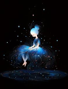 a woman sitting on top of a blue ballerina in the air with stars around her