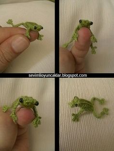 four pictures of a tiny green frog being held by someone's hand and fingers