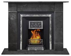 a fireplace with a fire in it and flames on the side, as well as an ornate