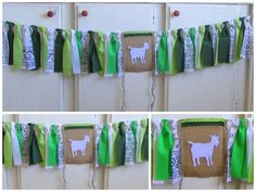 three pictures of the same item hanging on a door with green and white ribbons attached to it