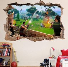 a wall sticker with an image of two men playing video games on the screen