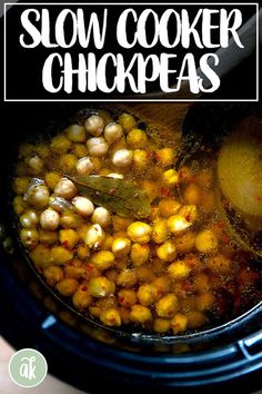 slow cooker chickpeas in a crock pot with text overlay