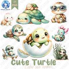 cute turtle baby sea animals clipart set