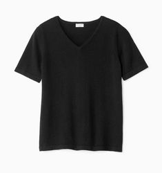 a black t - shirt with short sleeves and a v neckline on a white background