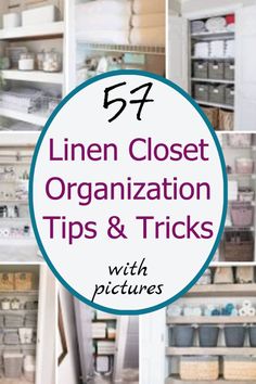 an open closet with shelves and bins filled with items, labeled linen closet organization tips & tricks