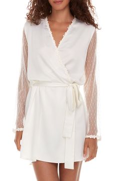 Transform the atmosphere of an evening when you slip into this satin robe traced by metallic lace and framed by utterly sheer mesh. 34" length (size Medium) Long sleeves Removable tie belt 85% nylon, 15% metallic fibers with 100% polyester contrast Hand wash, line dry Imported Lingerie Latex, Bridal Chemise, Long Bridal Robe, Silk Bridal Robe, Bridal Robe Lace, Silk Robe Long, Lace Bridal Robe, Flora Nikrooz, Wedding Robe