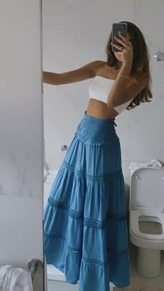 Blue Tiered Midi Skirt – Groovy Mimi Mode Hippie, Europe Outfits, Italy Outfits, Foto Tips, Mode Inspo, Really Cute Outfits, Looks Style, Looks Vintage, Cute Casual Outfits