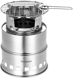 a stainless steel stove with an open lid and grill basket on top, in front of a white background