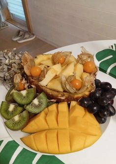 a white plate topped with cut up fruit