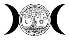 the moon and tree symbol in black and white with two crescents around it,