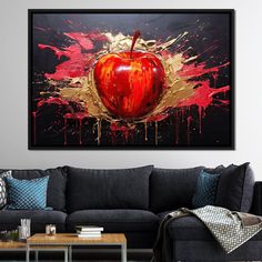 an apple painting on the wall above a couch