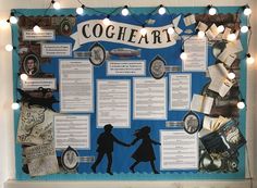 a bulletin board with information about cogheart written on it and lights strung from the wall