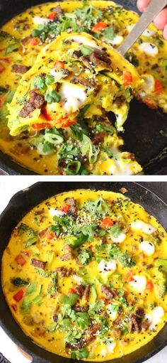 two pictures of food being cooked in a skillet and then topped with cheese, broccoli and other toppings