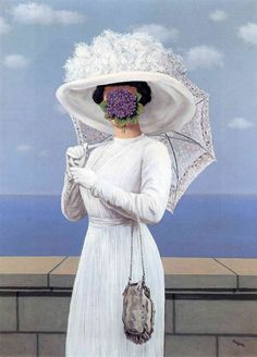 a painting of a woman in white holding an umbrella over her head and wearing a hat with flowers on it