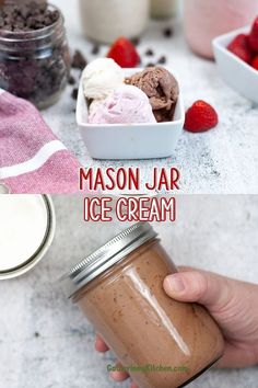 a hand holding a mason jar filled with ice cream and strawberries in the background