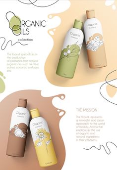 three different types of cosmetic products are shown in this brochure, with the text organic oils collection