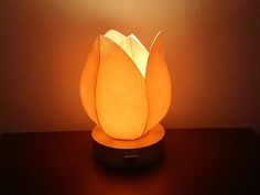 a lamp that is sitting on top of a table next to a light bulb in the shape of a flower