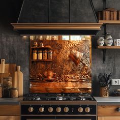 a stove top oven sitting inside of a kitchen next to wooden cabinets and counter tops