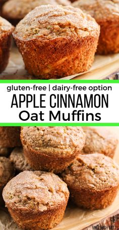 an apple cinnamon oat muffin is stacked on top of each other with the words gluten - free, dairy - free option