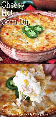 cheesy hot corn dip with green peppers and jalapenos on top