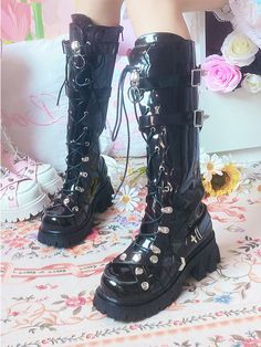 This price is for a pair of boots only, others are not included.  Height : 35cm Size34353637383940Foot Length2222.52323.52424.525 Edgy Knee-high Heeled Boots For Streetwear, Punk Style Lace-up Platform Mid-calf Boots, Black Harajuku Style Lace-up Boots, Gothic Lace-up Knee-high Boots For Fall, Fall Punk Knee-high Platform Boots, Punk Knee-high Platform Boots For Fall, Harajuku Style Black Platform Boots For Winter, Harajuku Style Black Platform Boots With Round Toe, Black Harajuku Style Platform Boots For Winter