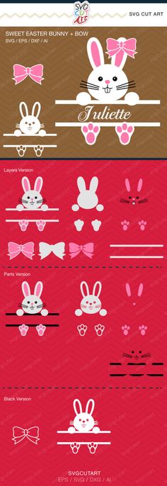 the easter bunny cut file is shown in pink, brown and white with bows on it