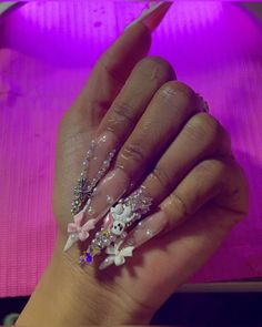 Long Acrylic Nails With Butterfly Charms, Stilleto Nails Designs, Nails Now, Nails Design With Rhinestones, French Tip Acrylic Nails, Drip Nails, Colored Acrylic Nails, Dope Nail Designs, Exotic Nails